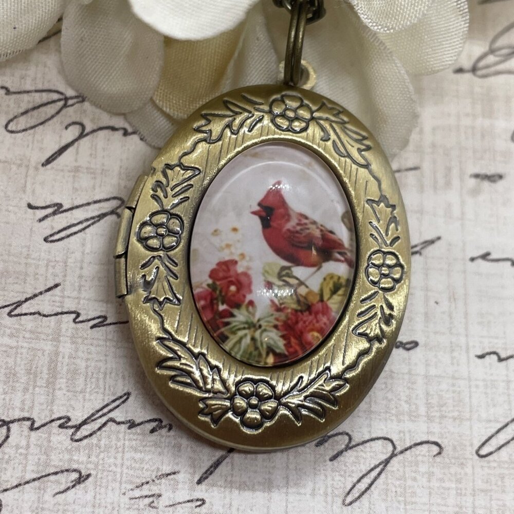 Bronze Red Bird Cardinal Memorial Jewelry Locket Necklace Pendant Wedding New - Picture 5 of 9